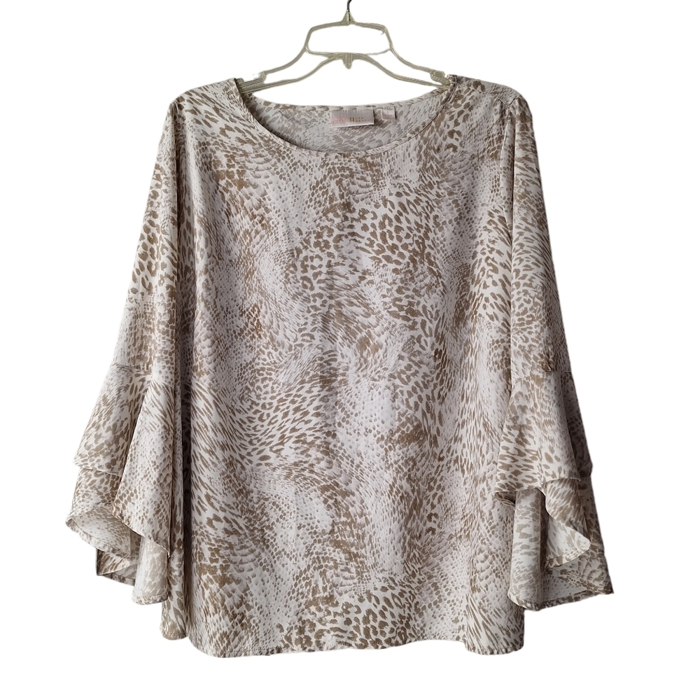 Belle Kim Gravel Size Large Animal Print Bell Sleeves Scoop-Neck‎ Blouse Top
